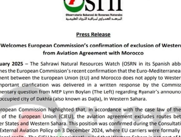 OSRN acoge favorablemente la posición de la UE sobre la exclusión del Sáhara Occidental del Acuerdo de Aviación con Marruecos | Sahara Press Service (SPS)