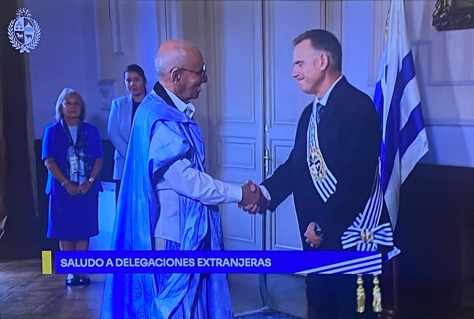 Presidente de la Republica Saharaui,Brahim Gali saluda al nuevo presidente de Uruguay ceremonia de Asunción de Yamandú Orsi, nuevo Presidente de Uruguay.