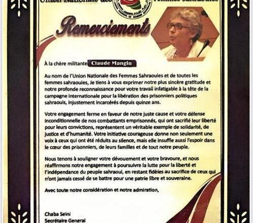 La UNMS reconoce labor de la activista francesa Claude Mangin Asfari #MarchaLibertadSaharaui | Sahara Press Service (SPS)