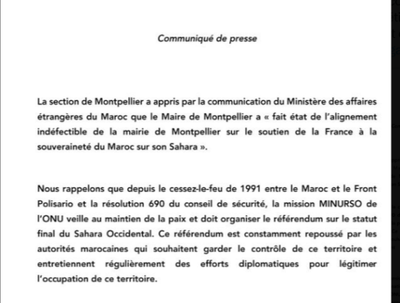 El Partido Comunista Francés condena la alineación del alcalde de Montpellier con la posición de Francia sobre el Sáhara Occidental  | Sahara Press Service (SPS)