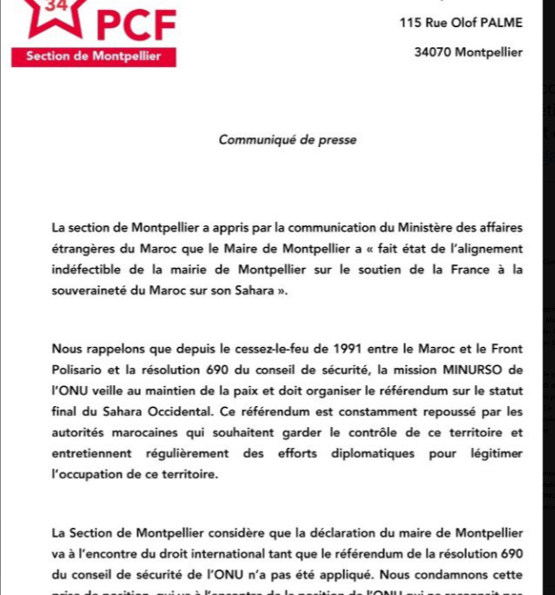qwsedfrgthnjm, El Partido Comunista Francés condena la alineación del alcalde de Montpellier con la posición de Francia sobre el Sáhara Occidental | Sahara Press Service (SPS)