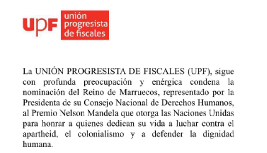 xdsecderde La UNIÓN PROGRESISTA DE FISCALES (UPF) condena la nominación del Reino de Marruecos, representado por la Presidenta de su Consejo Nacional de Derechos Humanos, al Premio Nelson Mandela que otorga las Naciones Unidas