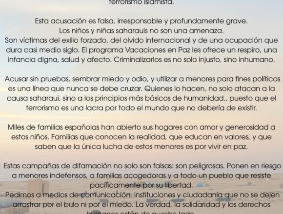 ONG HIJOS DE LAS NUBES | COMUNICADO OFICIAL EN DEFENSA DE LOS MENORES DEL PROGRAMA «VACACIONES EN PAZ»