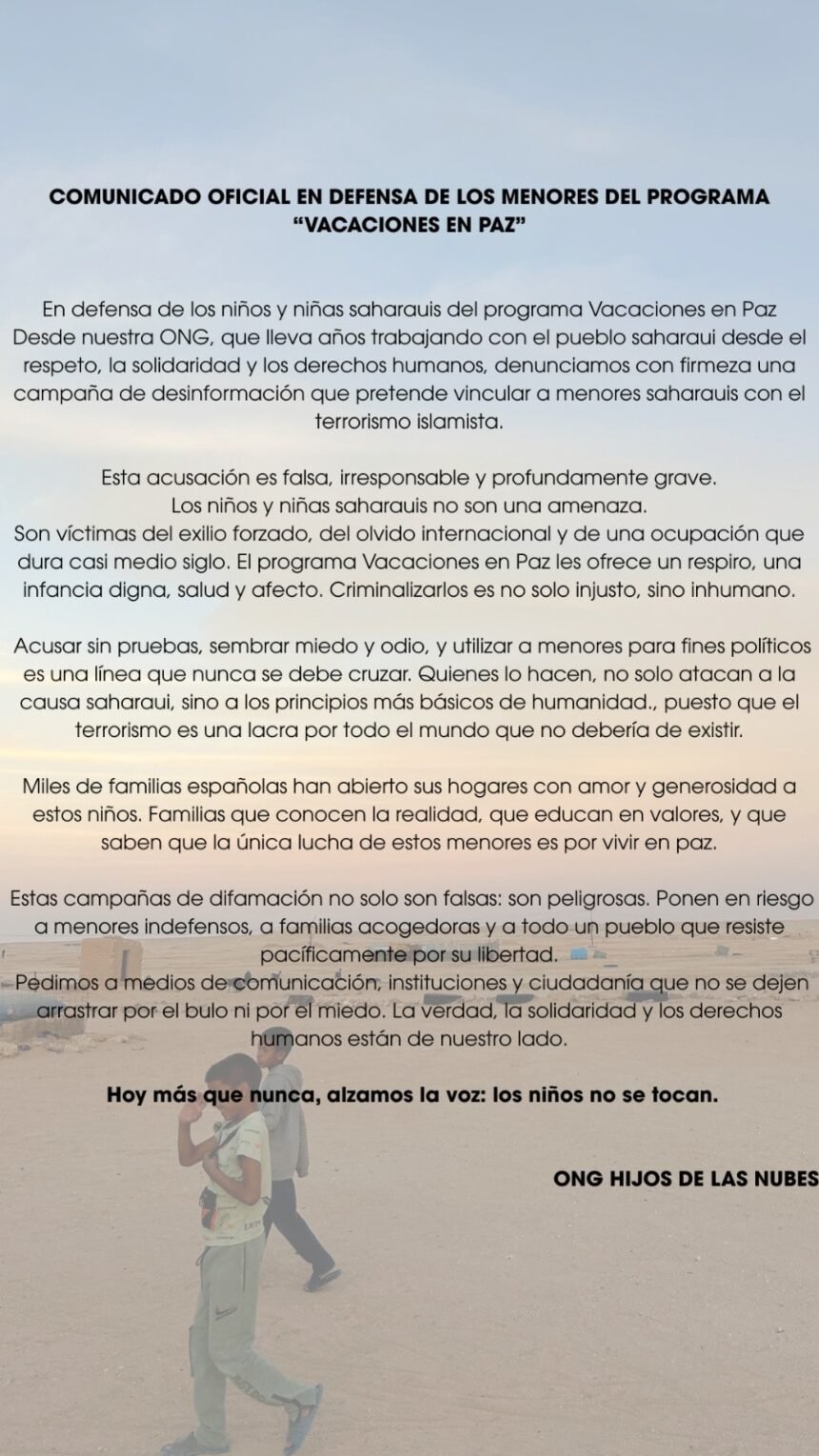 ONG HIJOS DE LAS NUBES | COMUNICADO OFICIAL EN DEFENSA DE LOS MENORES DEL PROGRAMA «VACACIONES EN PAZ»