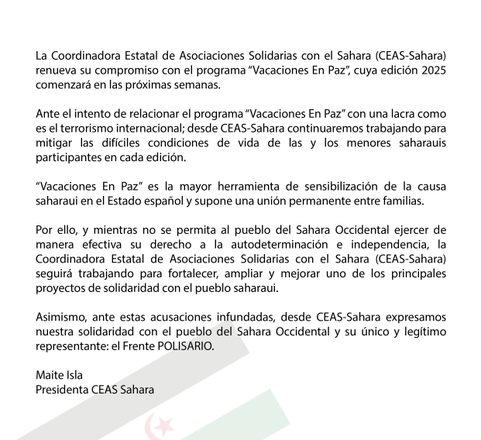 COMUNICADO DE CEAS SAHARA EN DEFENSA DEL PROGRAMA «VACACIONES EN PAZ»