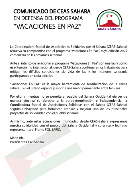 COMUNICADO DE CEAS SAHARA EN DEFENSA DEL PROGRAMA «VACACIONES EN PAZ»