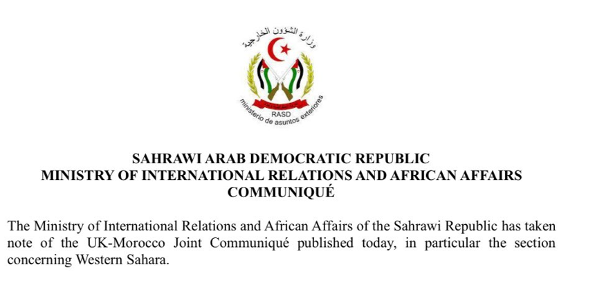 edrtyuio El Ministerio de Relaciones Internacionales y Asuntos Africanos de la República Saharaui señala que el Reino Unido deja claro que no reconoce soberanía alguna de Marruecos, el Estado ocupante, sobre el Sáhara Occidental y reafirma su apoyo al principio de respeto a la autodeterminación