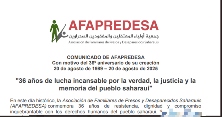 AFAPREDESA, con motivo del 36º aniversario de su creación: «36 años de lucha incansable por la verdad, la justicia y la memoria del pueblo saharaui»