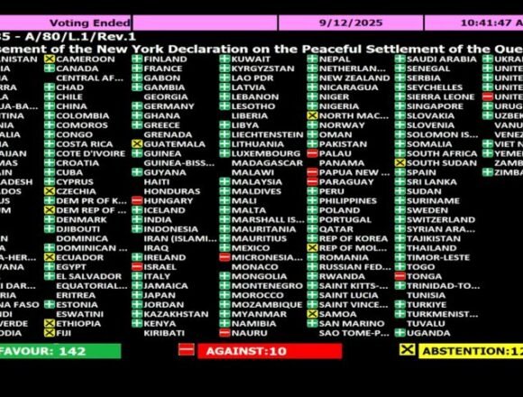 Naciones Unidas: La Asamblea General vota a favor de la resolución que respalda la Declaración de Nueva York sobre la solución de dos Estados y el establecimiento de un Estado palestino independiente