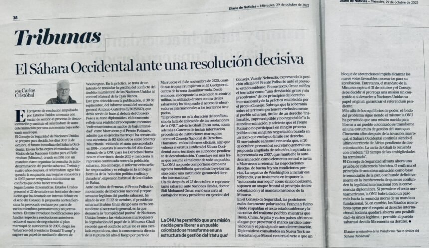 El Sáhara Occidental ante una resolución decisiva – Carlos Cristóbal en Noticias de Navarra