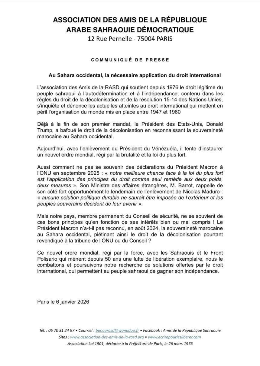 Au Sahara occidental, la nécessaire application du droit international | ASSOCIATION DES AMIS DE LA RASD